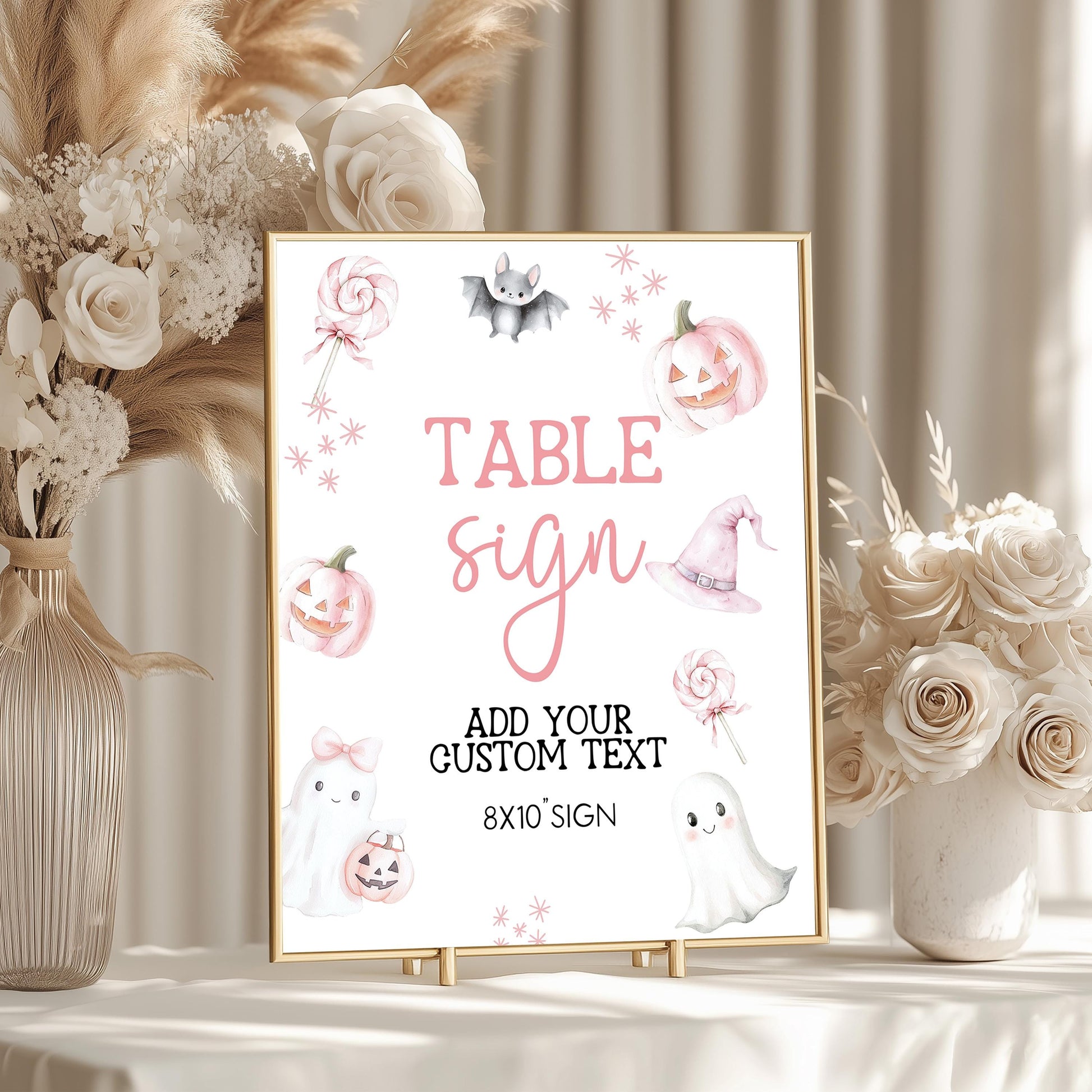 Editable Halloween Table Sign – A Little Boo Baby Shower Decor, 5x7 & 8x10 Corjl Template, Pink Ghost Pumpkin Printable Sign BO31