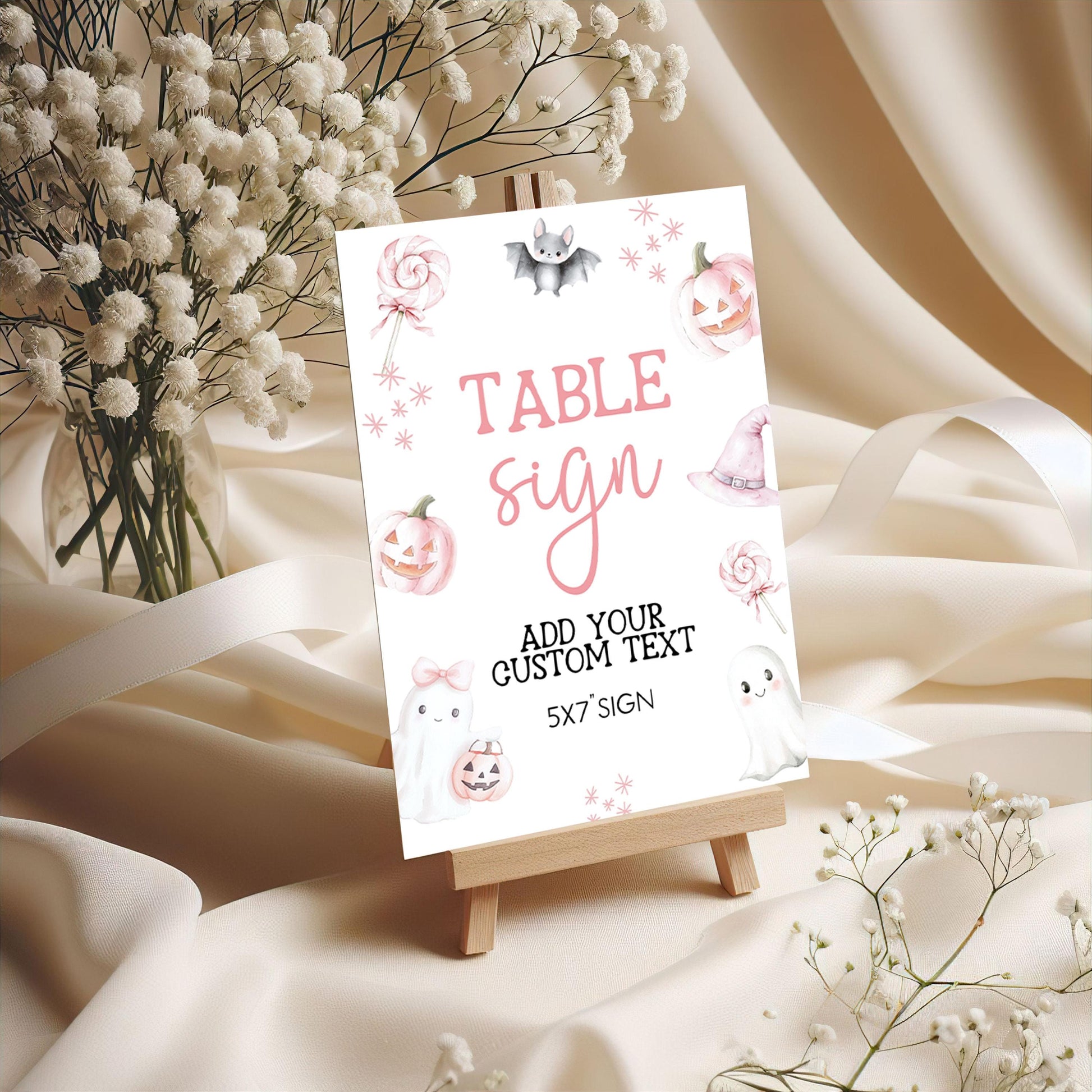 Editable Halloween Table Sign – A Little Boo Baby Shower Decor, 5x7 & 8x10 Corjl Template, Pink Ghost Pumpkin Printable Sign BO31
