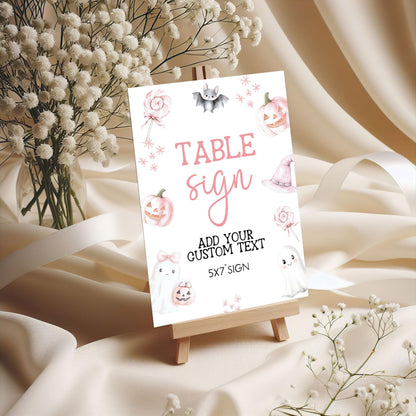 Editable Halloween Table Sign – A Little Boo Baby Shower Decor, 5x7 & 8x10 Corjl Template, Pink Ghost Pumpkin Printable Sign BO31