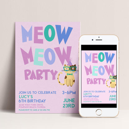 The image is a birthday party invitation for a cat-themed party, featuring a pink background with the text "MEOW MEOW MEOW PARTY" and illustrations of cats.
