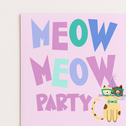 The image is a colorful birthday party invitation featuring a cartoon cat wearing glasses and a party hat.