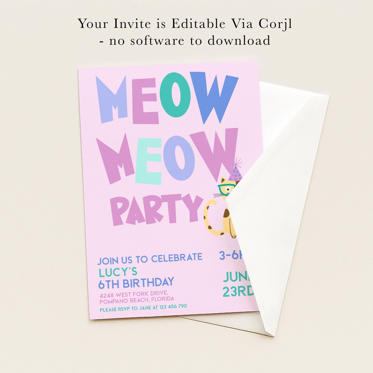 The image is a pink invitation card for a "Meow Meow Party" for Lucy's 6th birthday. The invitation is editable via Corjl and does not require any software to download.