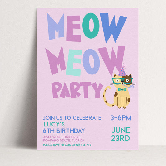 The image is a birthday party invitation for a 6th birthday celebration. It features a cat wearing a party hat and glasses, along with colorful text and details about the event.