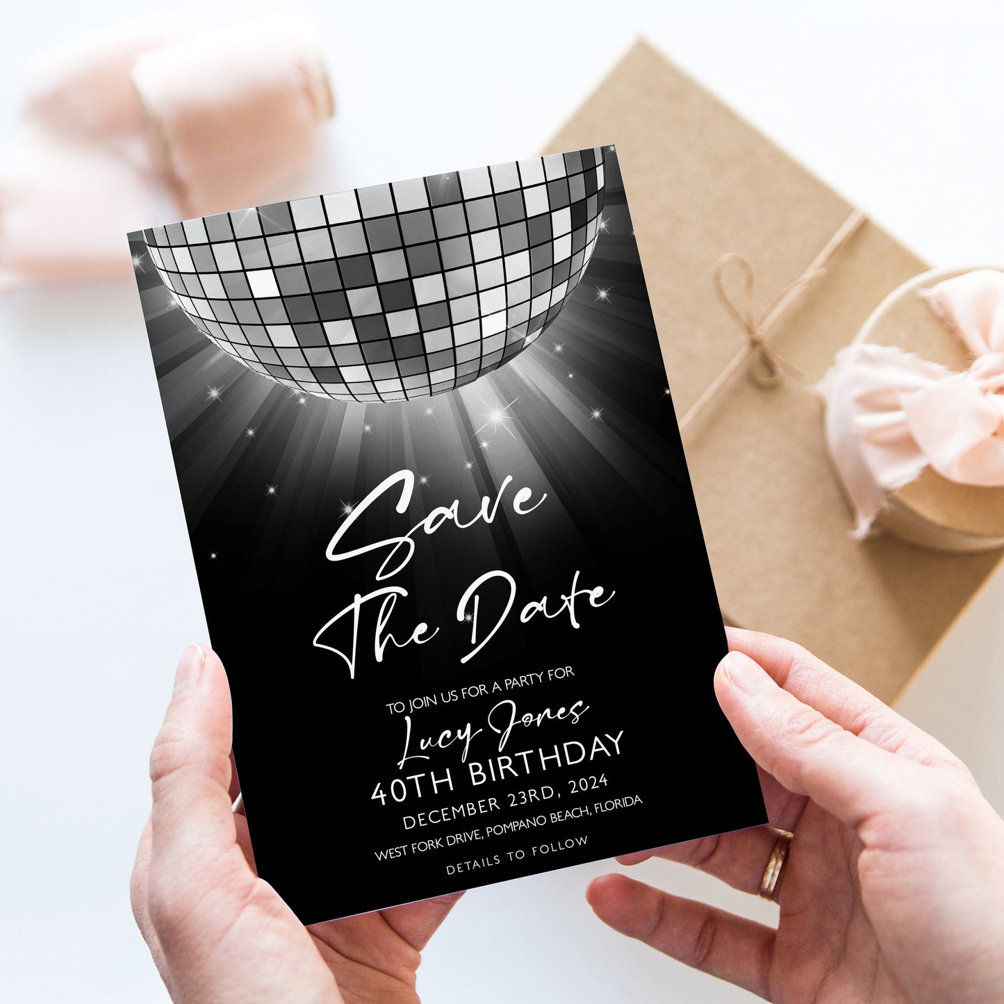 Editable Save The Date Silver Glitter Ball Invitation Template, Digital Download, Editable Template, Printable Invite, Digital Invitation