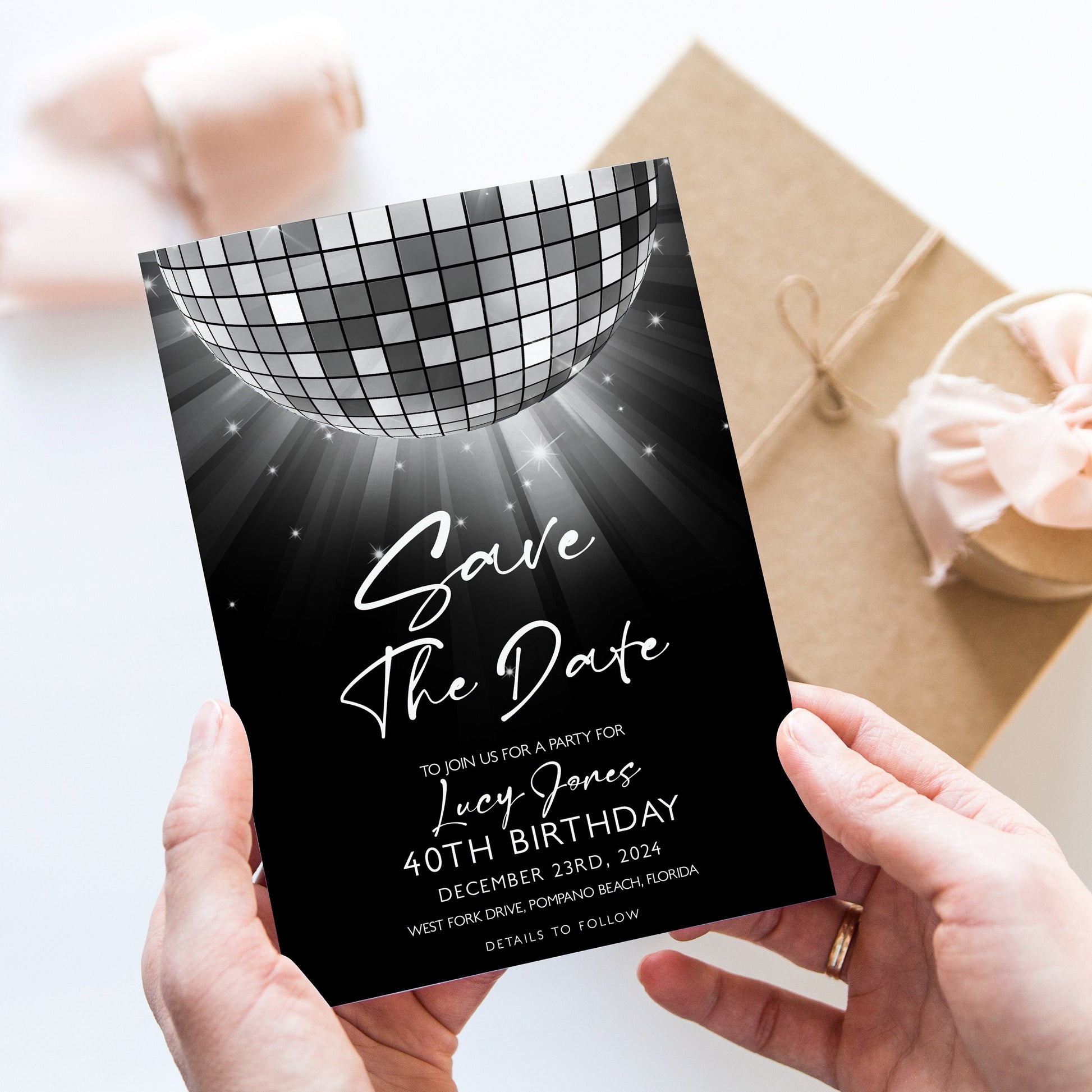 Editable Save The Date Silver Glitter Ball Invitation Template, Digital Download, Editable Template, Printable Invite, Digital Invitation
