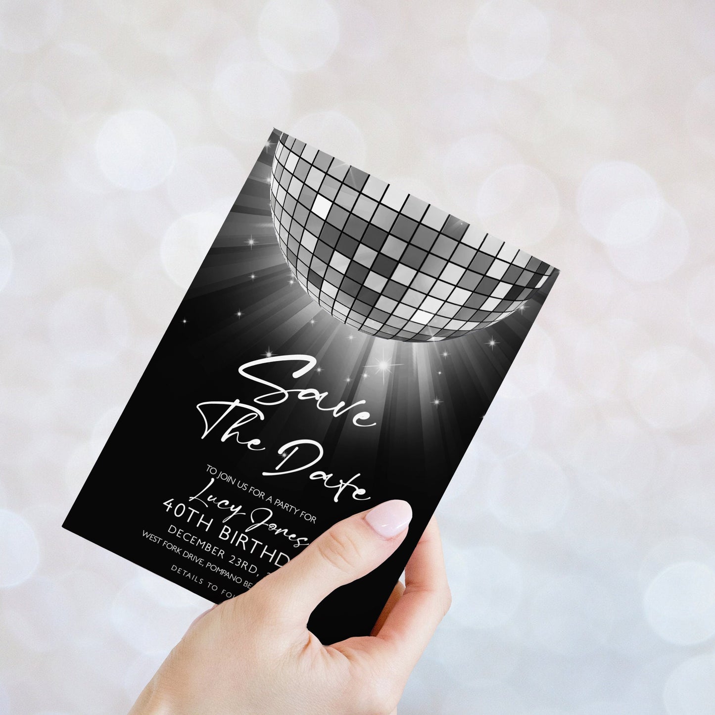 Editable Save The Date Silver Glitter Ball Invitation Template, Digital Download, Editable Template, Printable Invite, Digital Invitation
