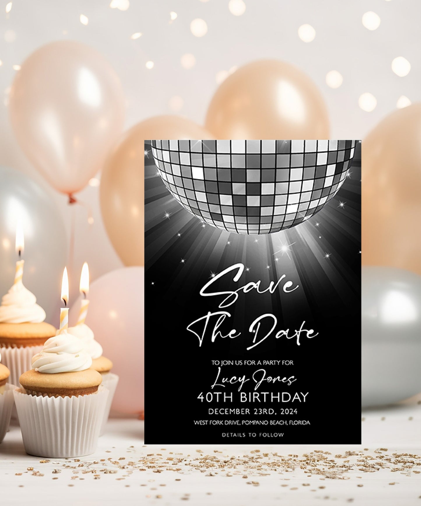 Editable Save The Date Silver Glitter Ball Invitation Template, Digital Download, Editable Template, Printable Invite, Digital Invitation