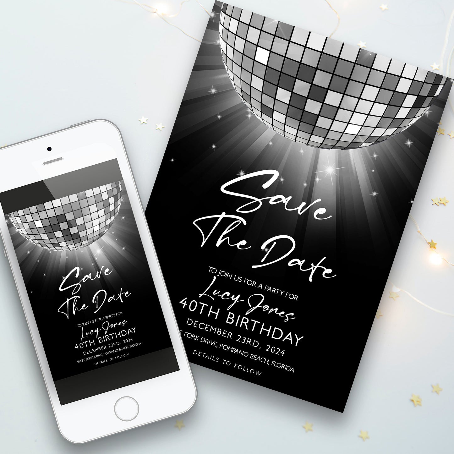 Editable Save The Date Silver Glitter Ball Invitation Template, Digital Download, Editable Template, Printable Invite, Digital Invitation