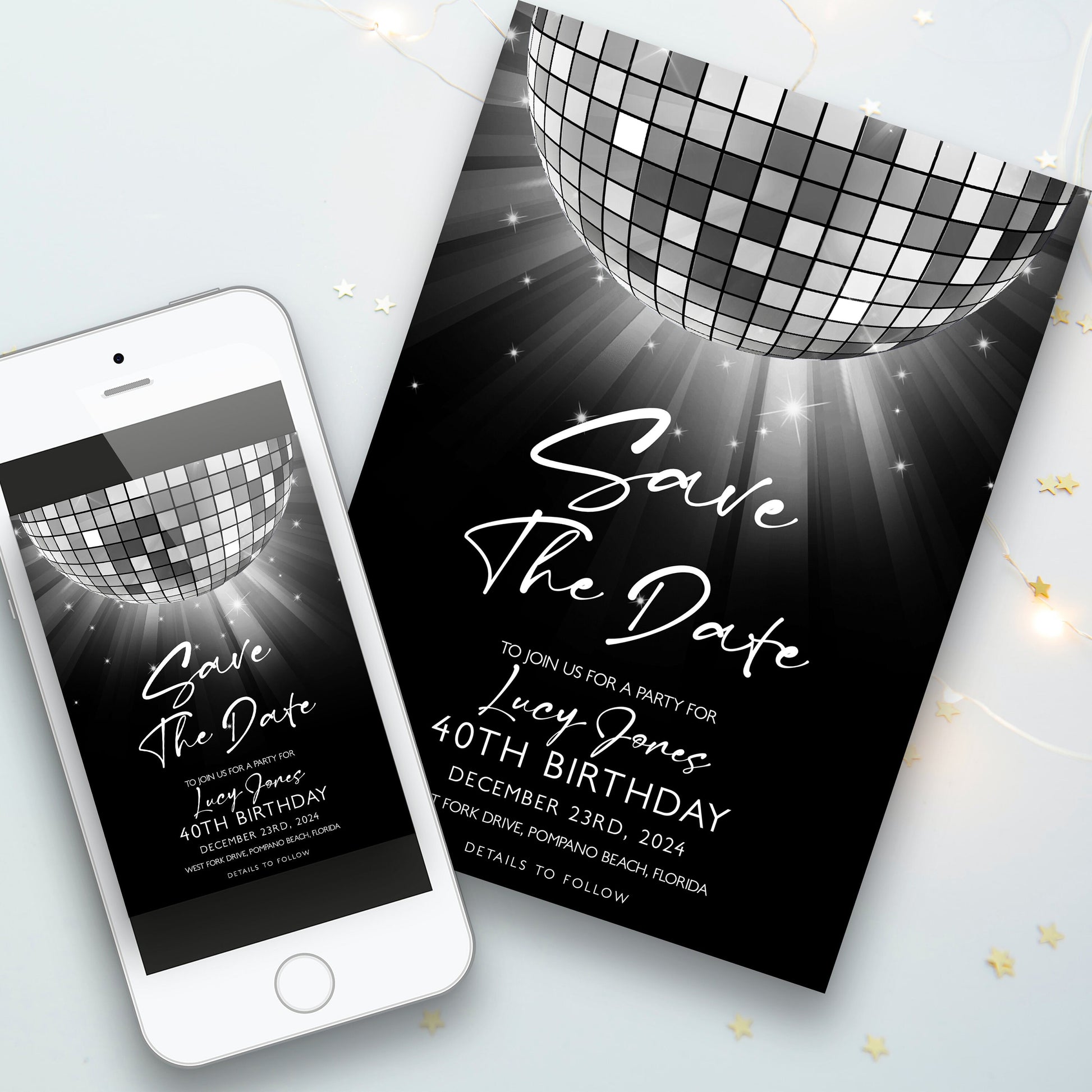 Editable Save The Date Silver Glitter Ball Invitation Template, Digital Download, Editable Template, Printable Invite, Digital Invitation