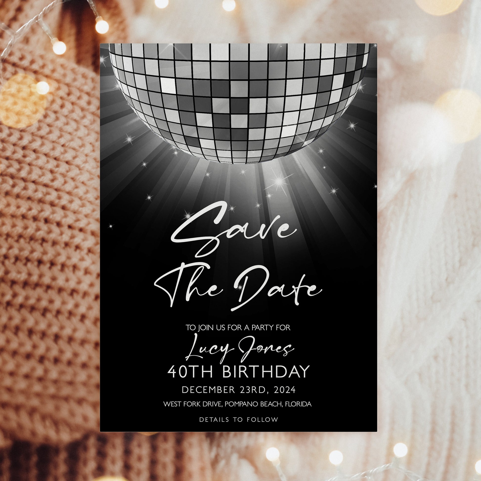 Editable Save The Date Silver Glitter Ball Invitation Template, Digital Download, Editable Template, Printable Invite, Digital Invitation