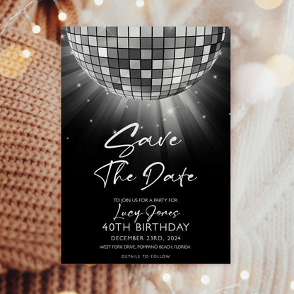 Editable Save The Date Silver Glitter Ball Invitation Template, Digital Download, Editable Template, Printable Invite, Digital Invitation