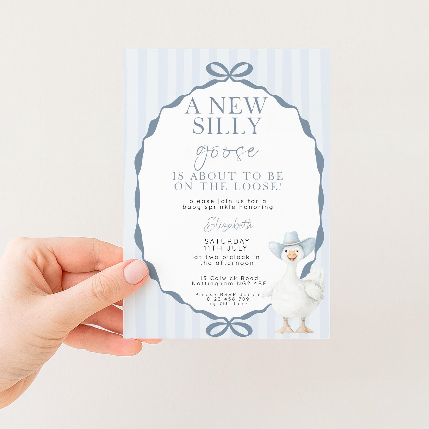 Editable Silly Goose Baby Sprinkle Invitation Printable Template Blue for a Boy Baby Shower Corjl Download SG21