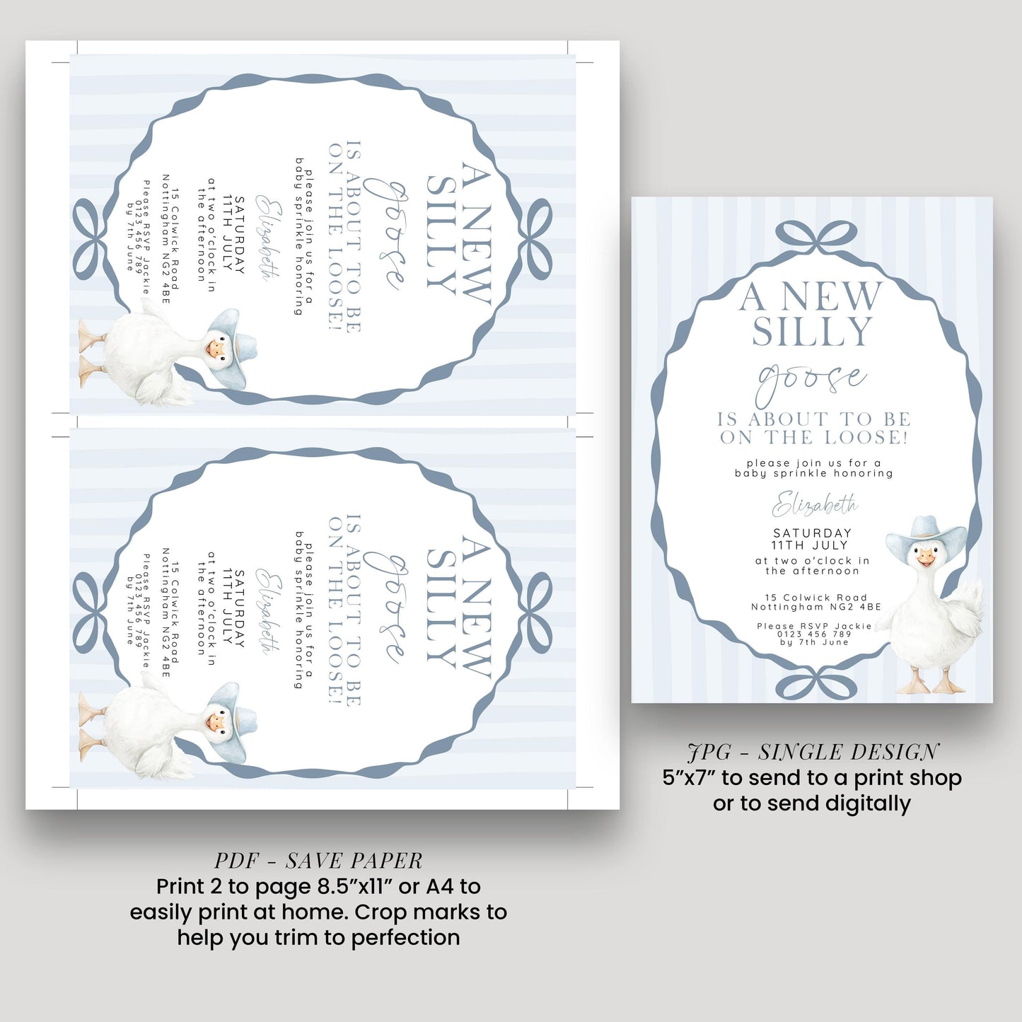 Editable Silly Goose Baby Sprinkle Invitation Printable Template Blue for a Boy Baby Shower Corjl Download SG21