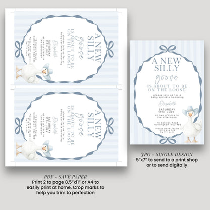 Editable Silly Goose Baby Sprinkle Invitation Printable Template Blue for a Boy Baby Shower Corjl Download SG21