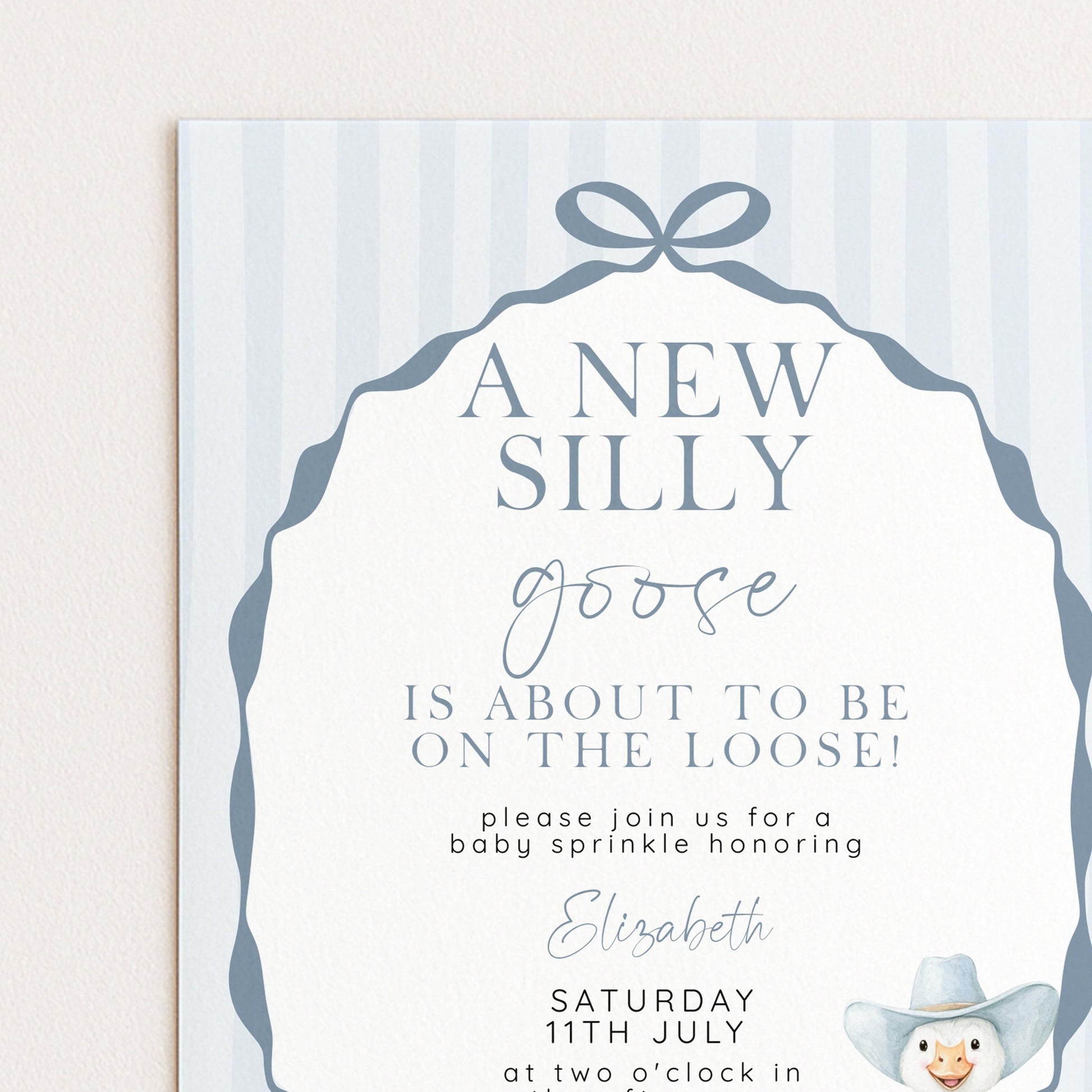 Editable Silly Goose Baby Sprinkle Invitation Printable Template Blue for a Boy Baby Shower Corjl Download SG21