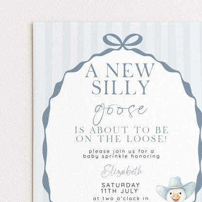 Editable Silly Goose Baby Sprinkle Invitation Printable Template Blue for a Boy Baby Shower Corjl Download SG21