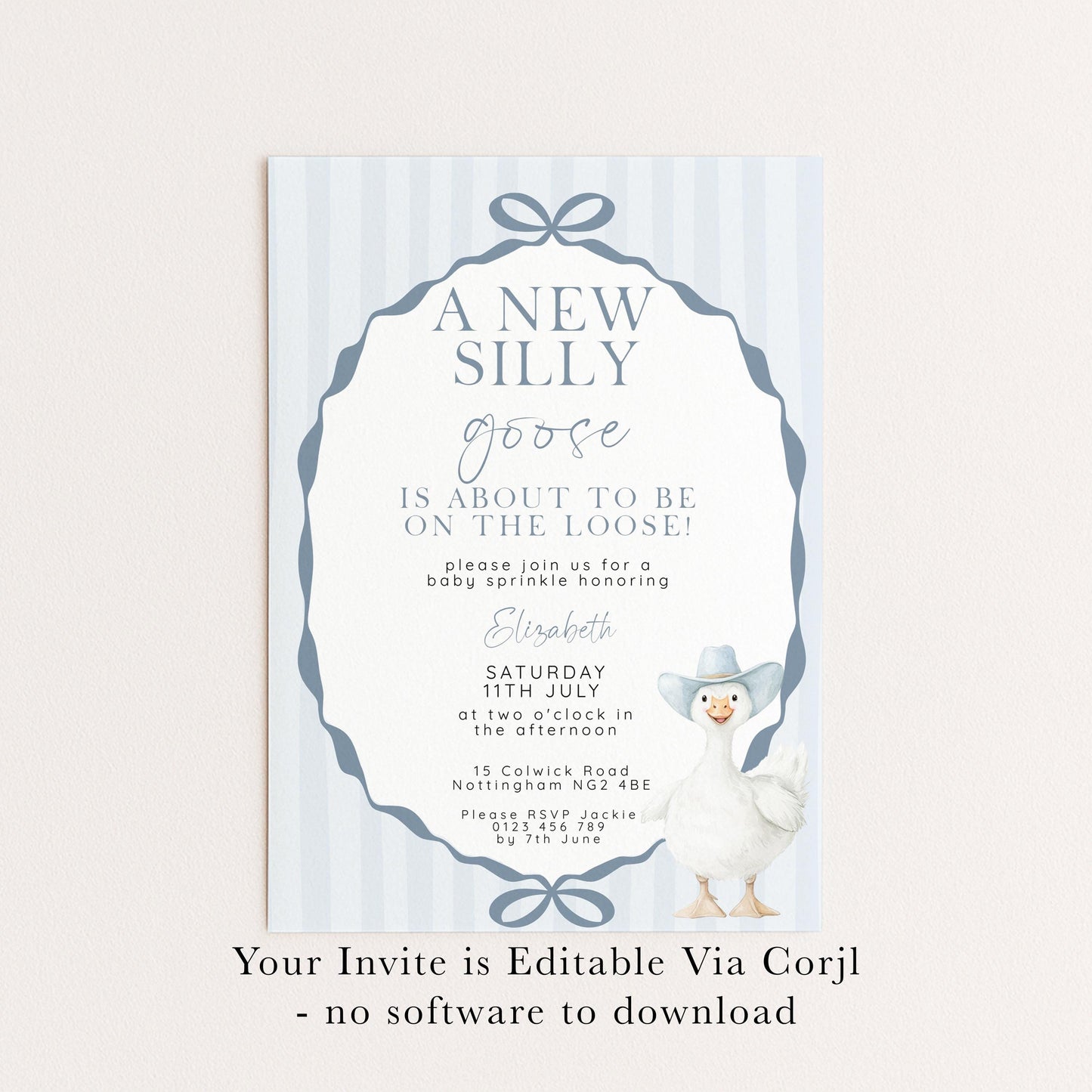 Editable Silly Goose Baby Sprinkle Invitation Printable Template Blue for a Boy Baby Shower Corjl Download SG21
