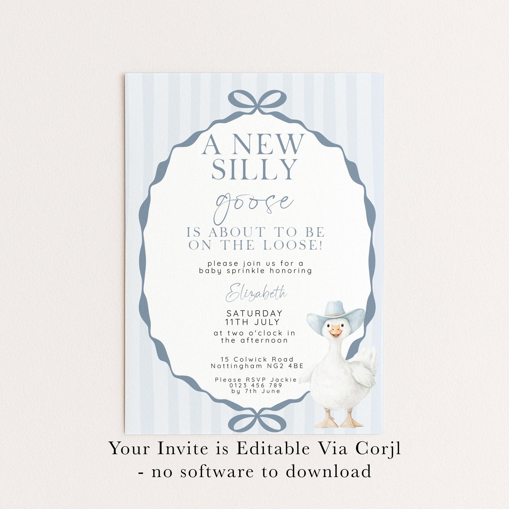 Editable Silly Goose Baby Sprinkle Invitation Printable Template Blue for a Boy Baby Shower Corjl Download SG21