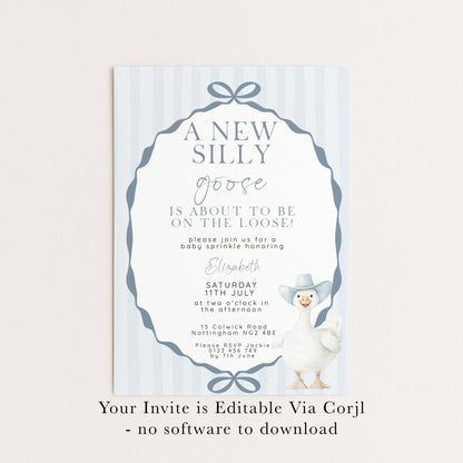Editable Silly Goose Baby Sprinkle Invitation Printable Template Blue for a Boy Baby Shower Corjl Download SG21