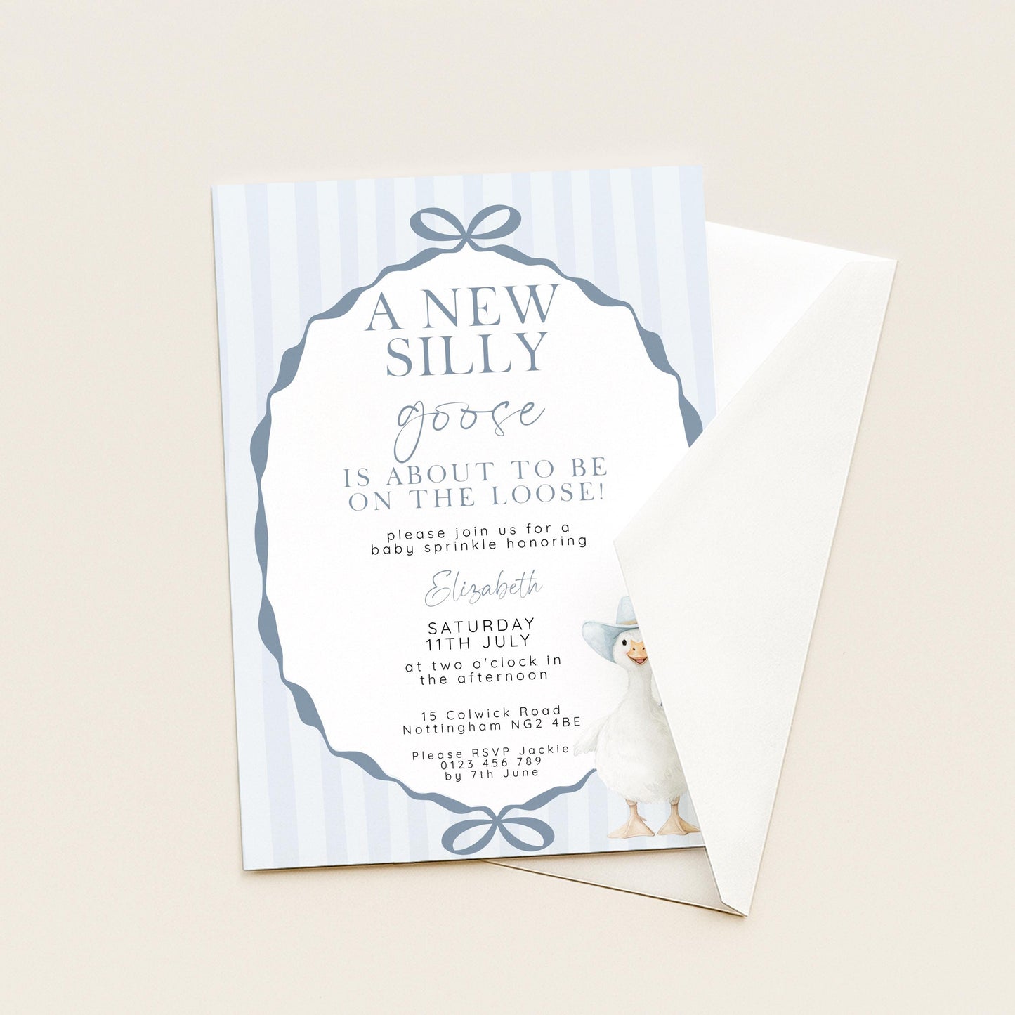 Editable Silly Goose Baby Sprinkle Invitation Printable Template Blue for a Boy Baby Shower Corjl Download SG21