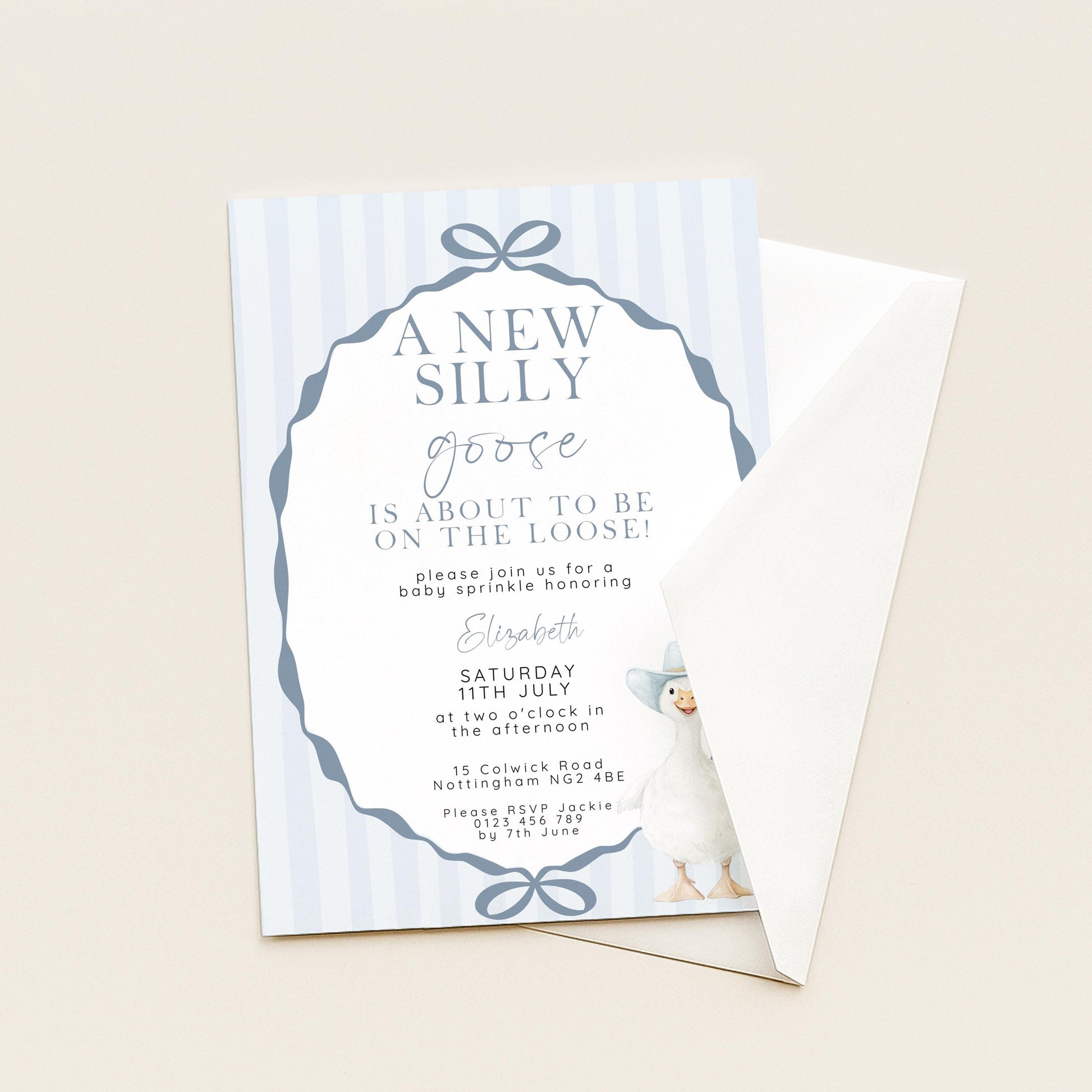 Editable Silly Goose Baby Sprinkle Invitation Printable Template Blue for a Boy Baby Shower Corjl Download SG21