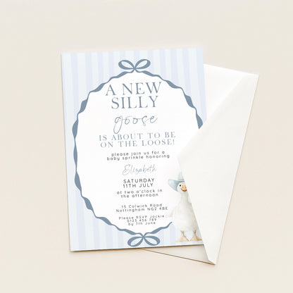 Editable Silly Goose Baby Sprinkle Invitation Printable Template Blue for a Boy Baby Shower Corjl Download SG21