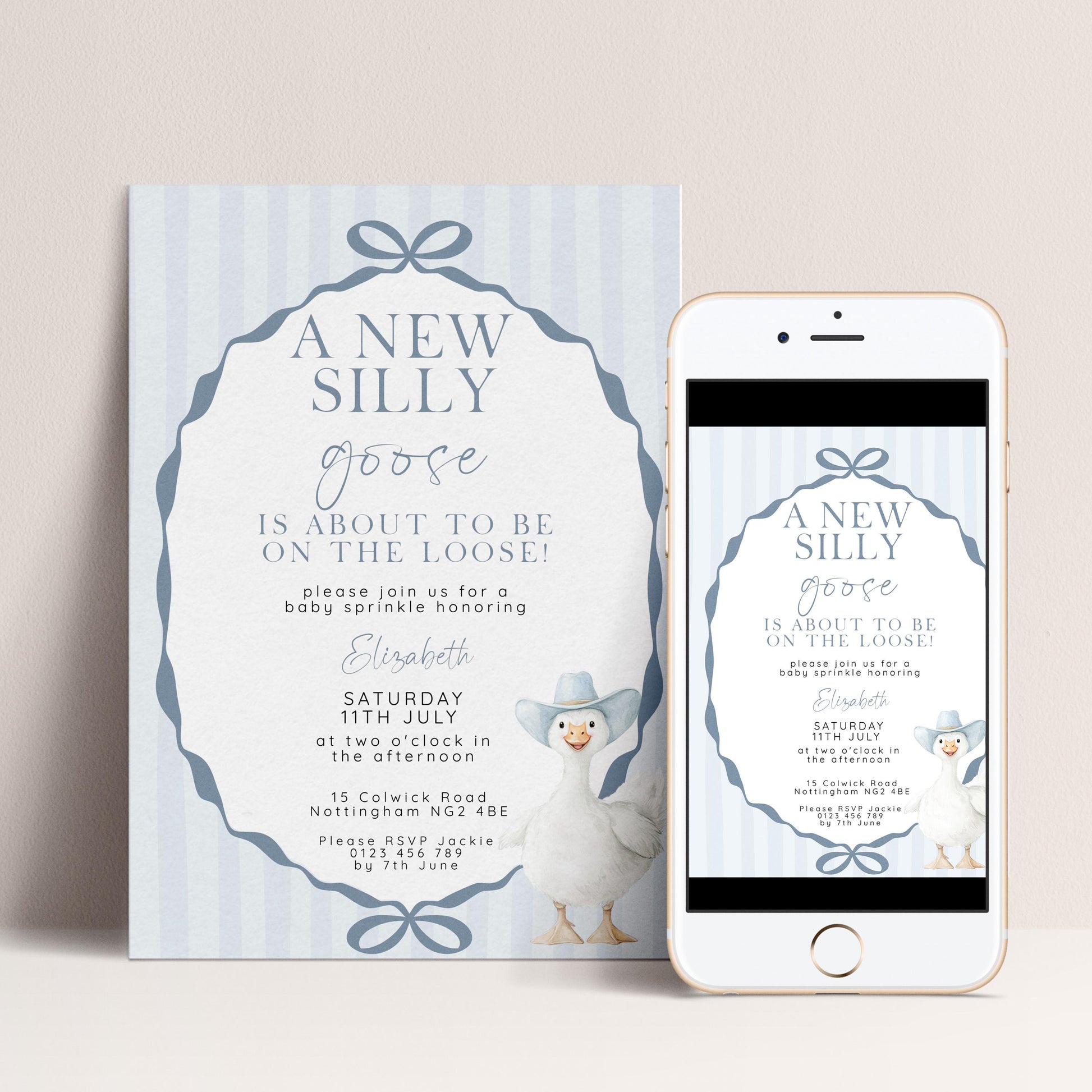 Editable Silly Goose Baby Sprinkle Invitation Printable Template Blue for a Boy Baby Shower Corjl Download SG21