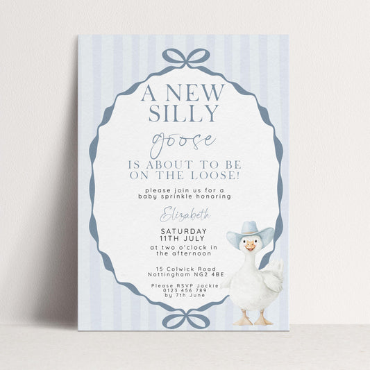 Editable Silly Goose Baby Sprinkle Invitation Printable Template Blue for a Boy Baby Shower Corjl Download SG21