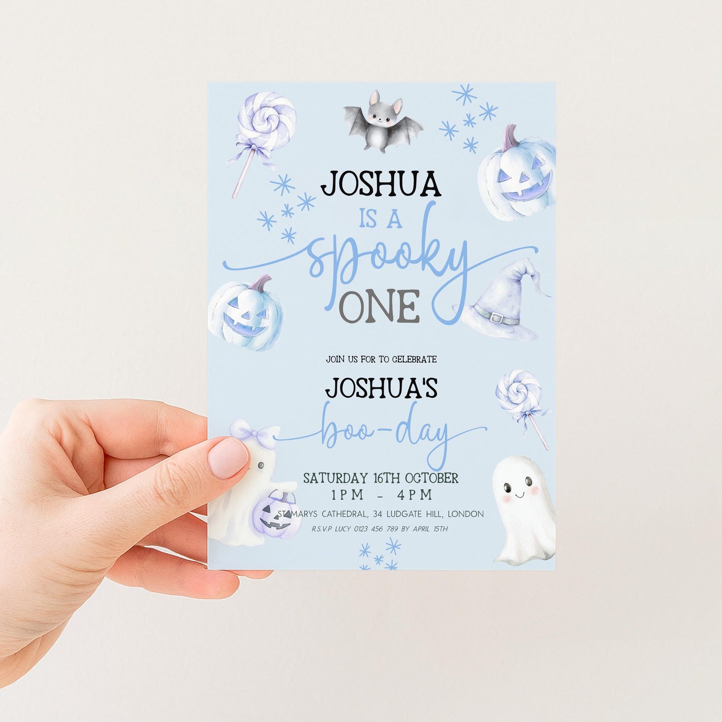 Editable Spooky One Birthday Invitation, Blue Halloween 1st Birthday Invite with Ghost and Pumpkin, Printable Corjl Template BO31