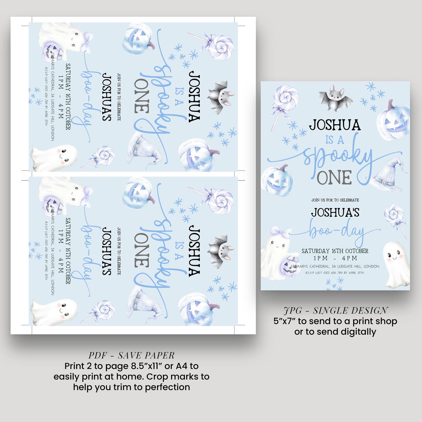 Editable Spooky One Birthday Invitation, Blue Halloween 1st Birthday Invite with Ghost and Pumpkin, Printable Corjl Template BO31
