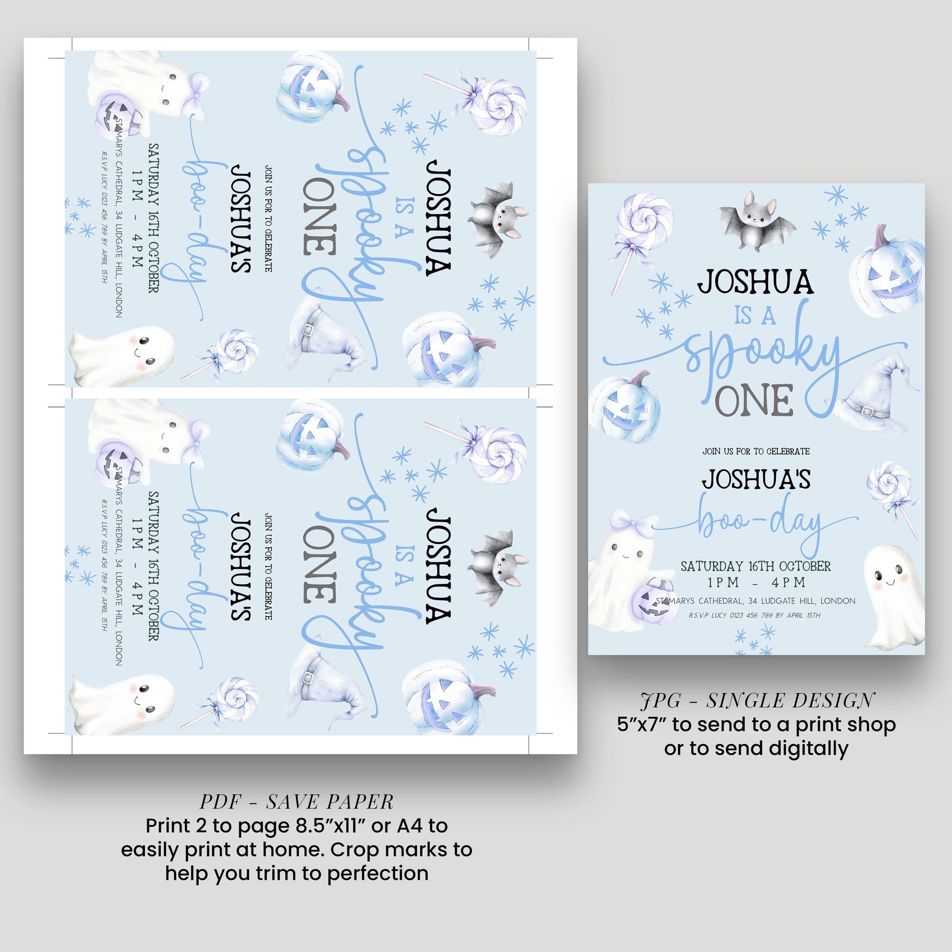 Editable Spooky One Birthday Invitation, Blue Halloween 1st Birthday Invite with Ghost and Pumpkin, Printable Corjl Template BO31