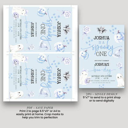 Editable Spooky One Birthday Invitation, Blue Halloween 1st Birthday Invite with Ghost and Pumpkin, Printable Corjl Template BO31