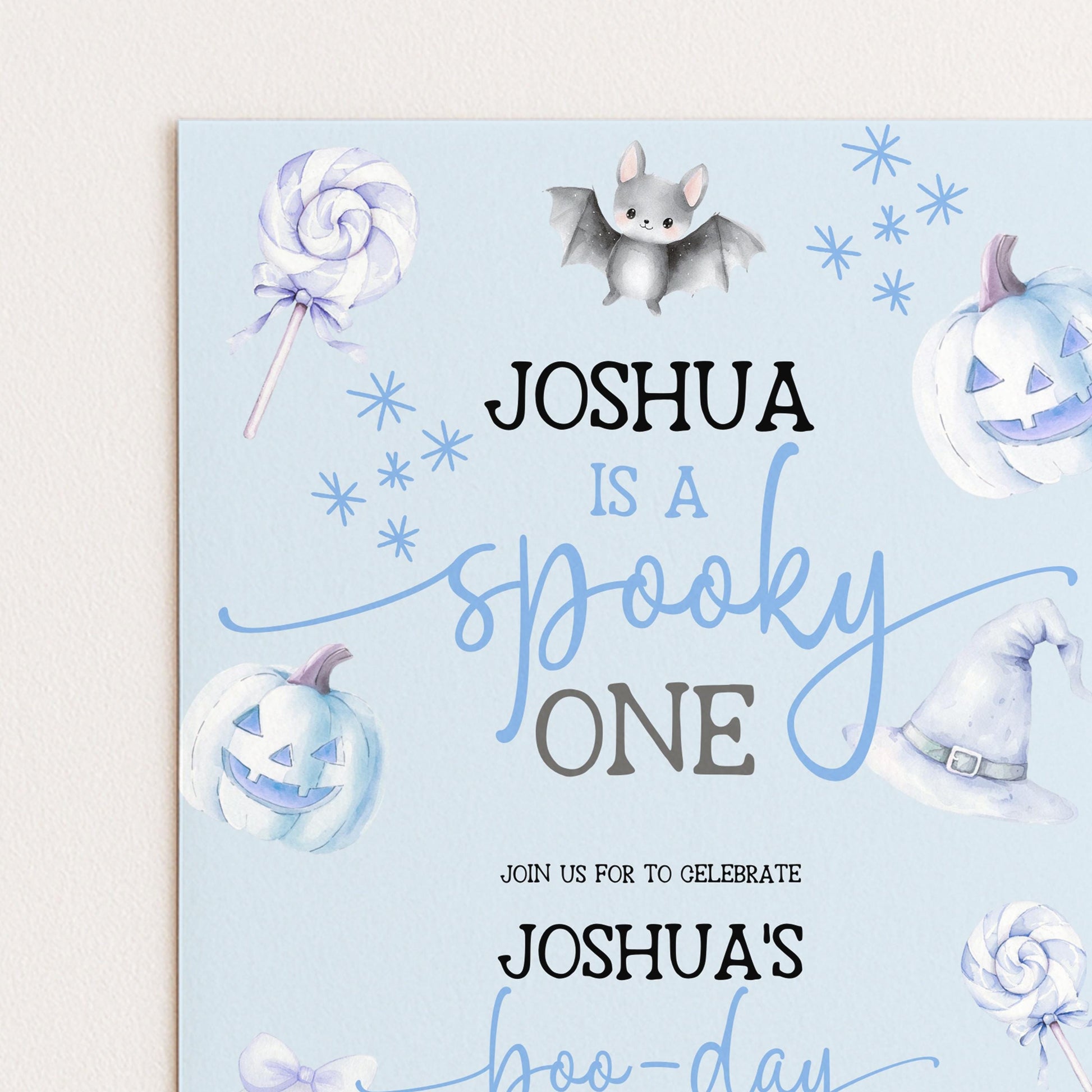 Editable Spooky One Birthday Invitation, Blue Halloween 1st Birthday Invite with Ghost and Pumpkin, Printable Corjl Template BO31