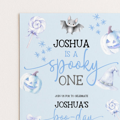 Editable Spooky One Birthday Invitation, Blue Halloween 1st Birthday Invite with Ghost and Pumpkin, Printable Corjl Template BO31