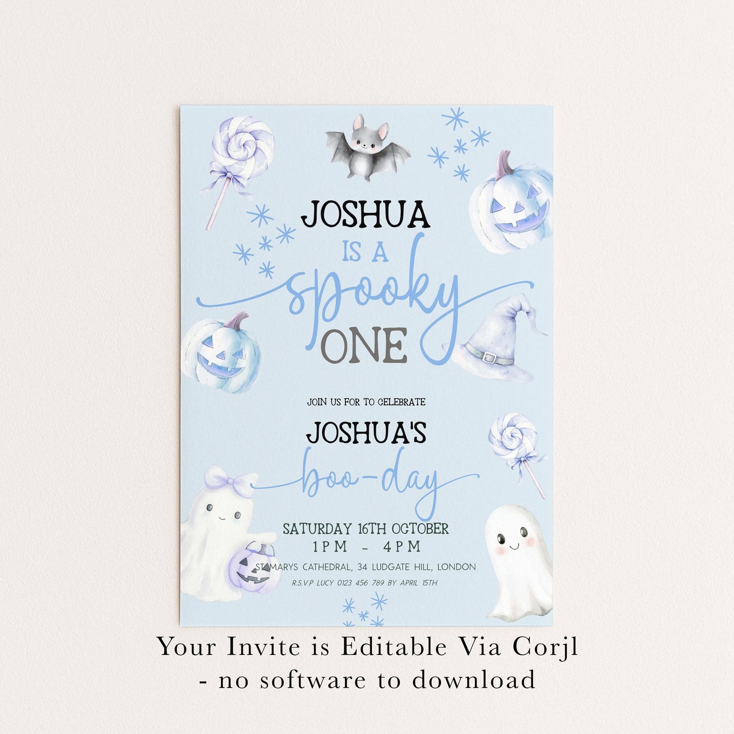 Editable Spooky One Birthday Invitation, Blue Halloween 1st Birthday Invite with Ghost and Pumpkin, Printable Corjl Template BO31