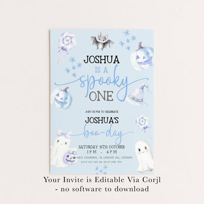 Editable Spooky One Birthday Invitation, Blue Halloween 1st Birthday Invite with Ghost and Pumpkin, Printable Corjl Template BO31