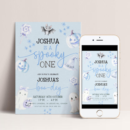 Editable Spooky One Birthday Invitation, Blue Halloween 1st Birthday Invite with Ghost and Pumpkin, Printable Corjl Template BO31