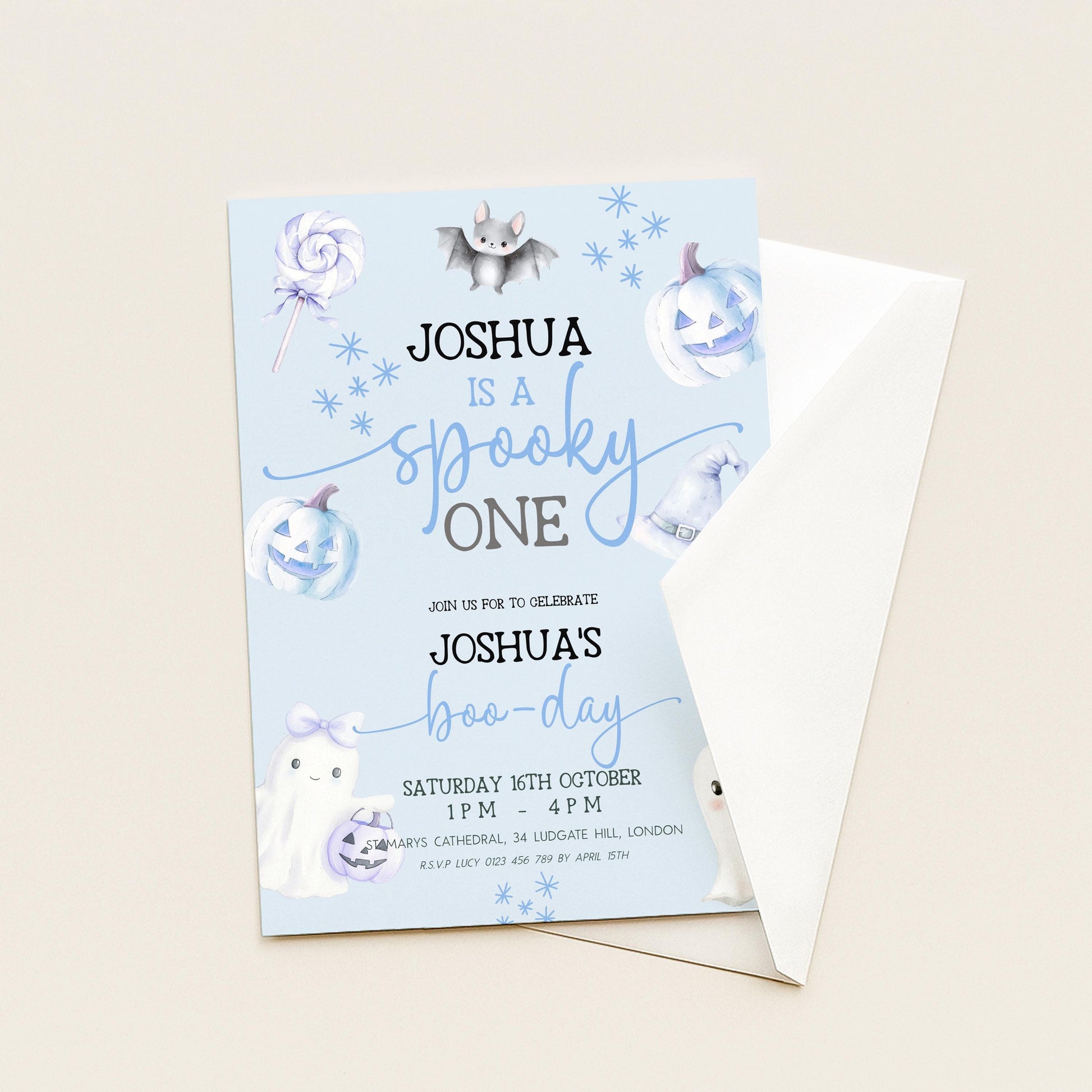Editable Spooky One Birthday Invitation, Blue Halloween 1st Birthday Invite with Ghost and Pumpkin, Printable Corjl Template BO31