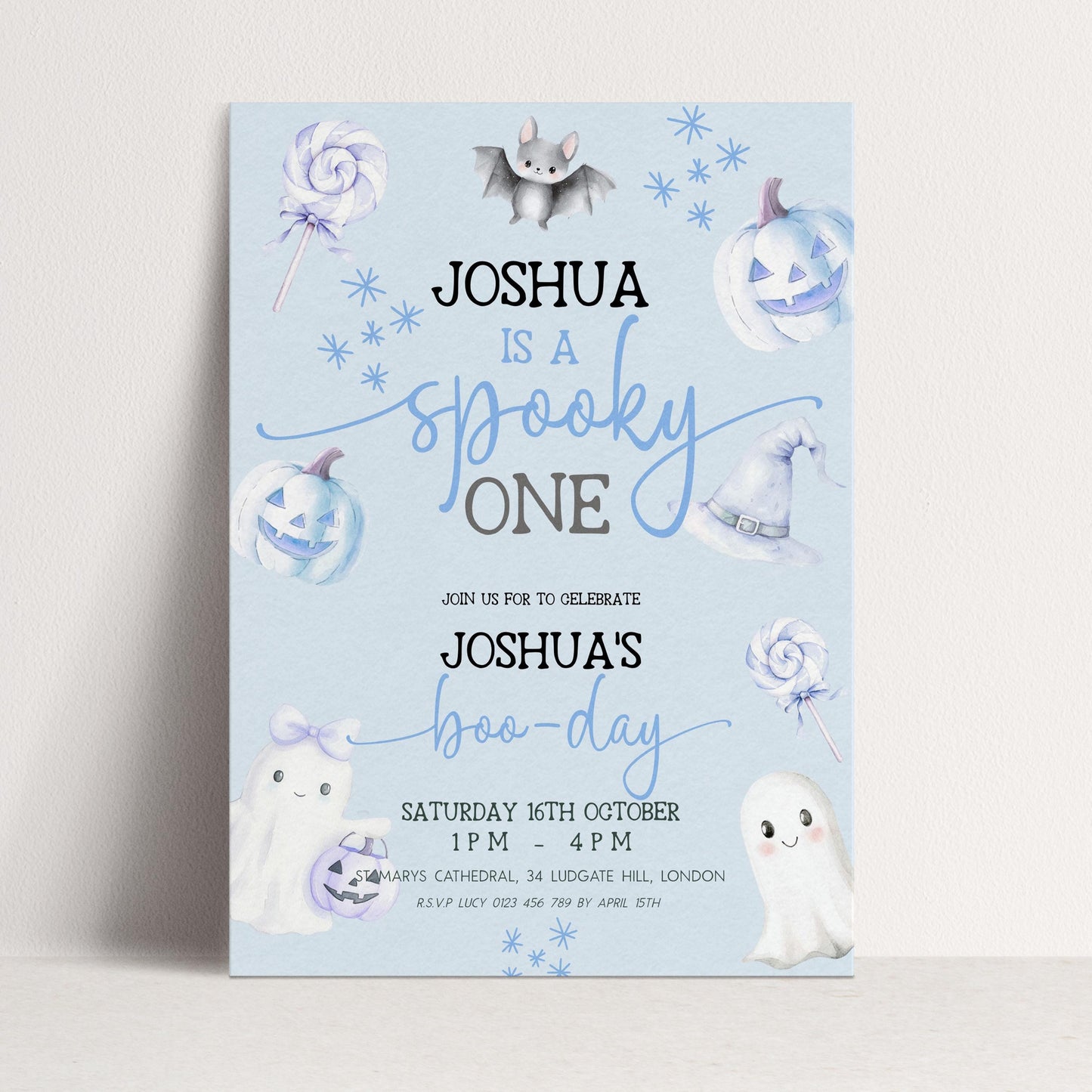 Editable Spooky One Birthday Invitation, Blue Halloween 1st Birthday Invite with Ghost and Pumpkin, Printable Corjl Template BO31