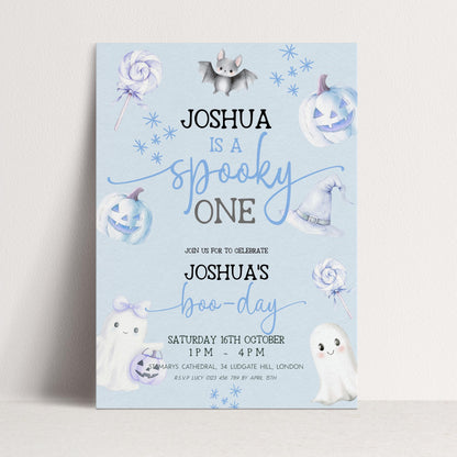 Editable Spooky One Birthday Invitation, Blue Halloween 1st Birthday Invite with Ghost and Pumpkin, Printable Corjl Template BO31