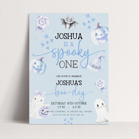 Editable Spooky One Birthday Invitation, Blue Halloween 1st Birthday Invite with Ghost and Pumpkin, Printable Corjl Template BO31
