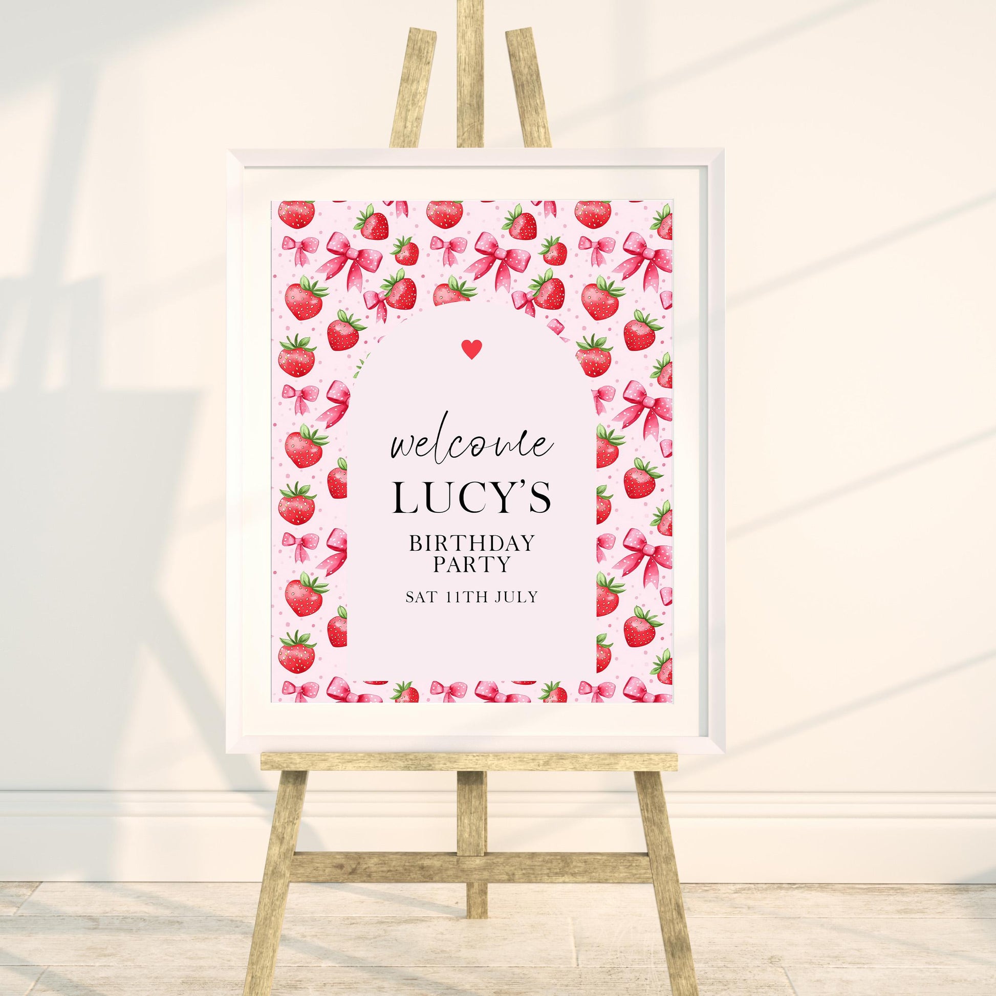 Editable Strawberry Birthday Welcome Sign Printable, Pink Strawberry Party Decor, Corjl Template, Digital Download, 1st Birthday Sign ST17