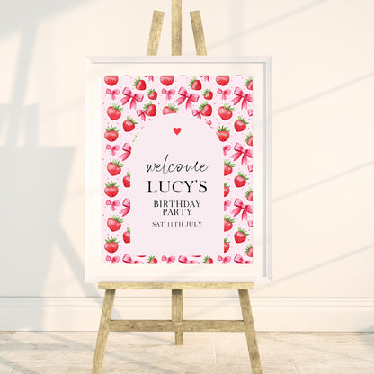 Editable Strawberry Birthday Welcome Sign Printable, Pink Strawberry Party Decor, Corjl Template, Digital Download, 1st Birthday Sign ST17
