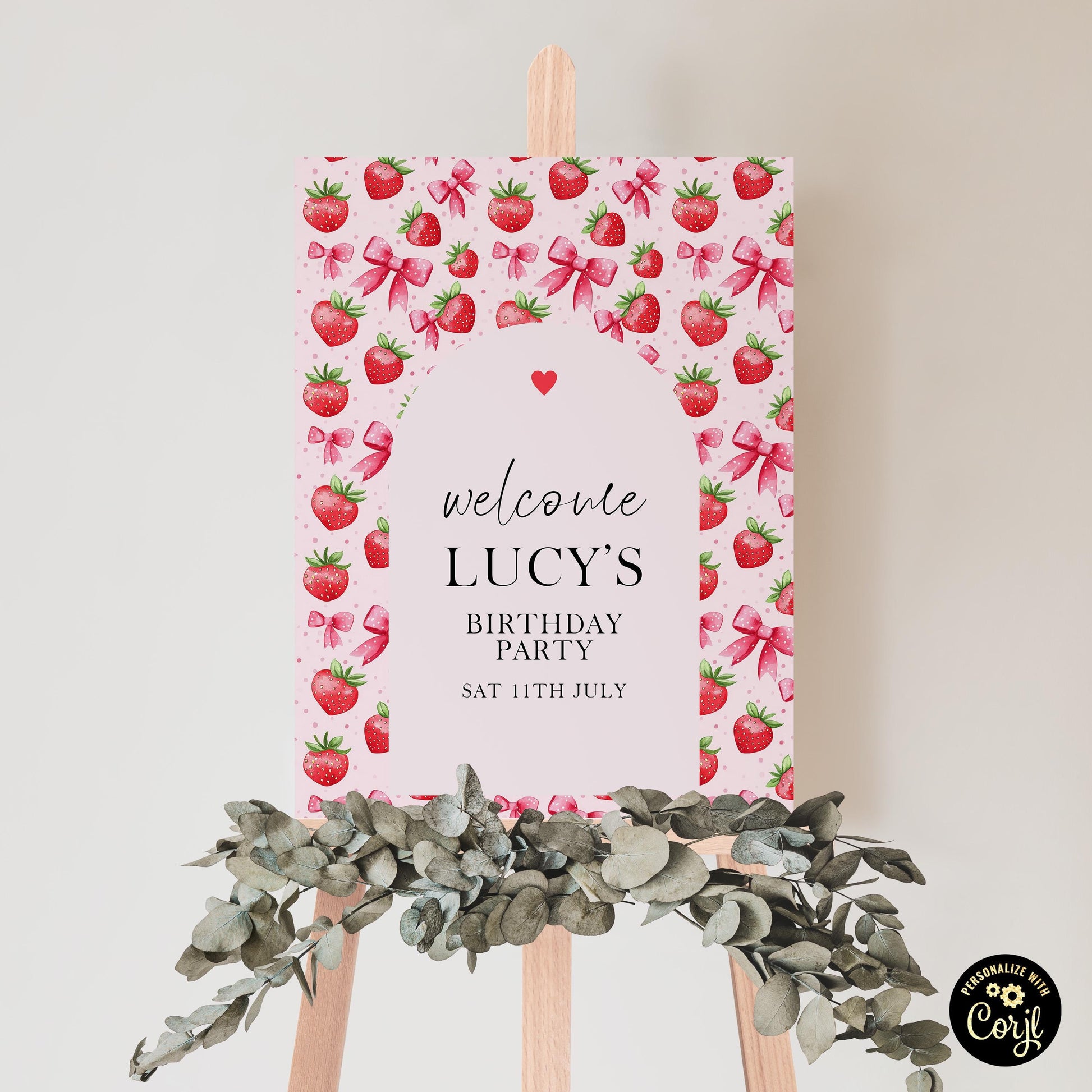 Editable Strawberry Birthday Welcome Sign Printable, Pink Strawberry Party Decor, Corjl Template, Digital Download, 1st Birthday Sign ST17