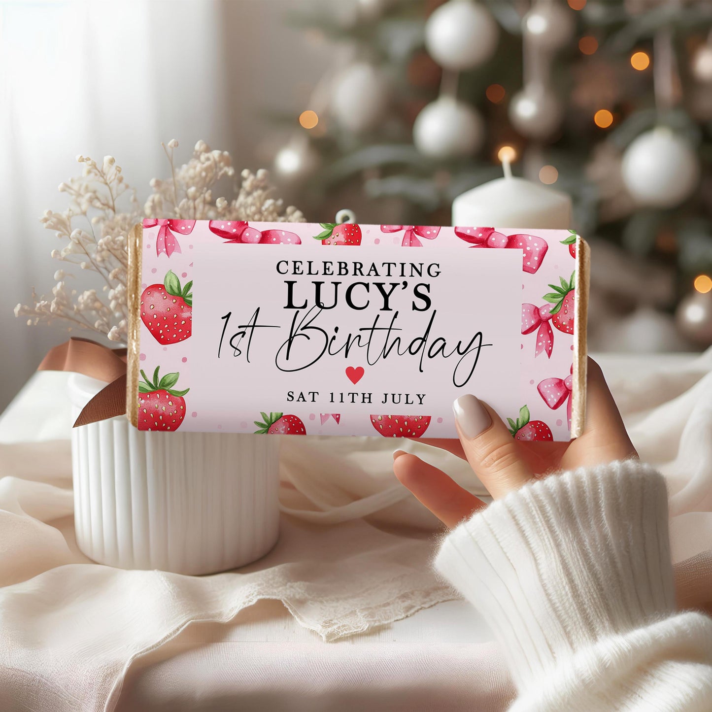 Editable Strawberry Chocolate Wrapper, Berry First Birthday Favor, Corjl Template, Girl Party Printable Candy Bar Label ST17