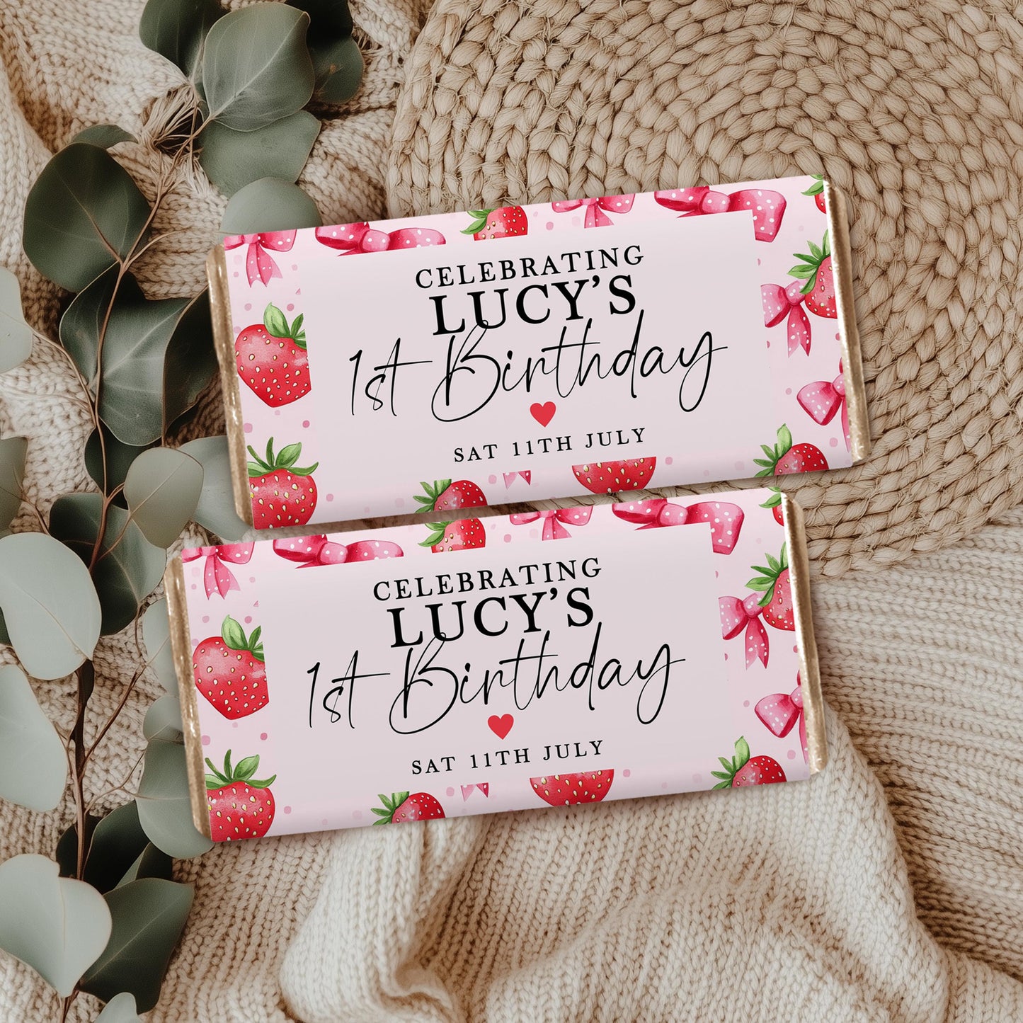 Editable Strawberry Chocolate Wrapper, Berry First Birthday Favor, Corjl Template, Girl Party Printable Candy Bar Label ST17