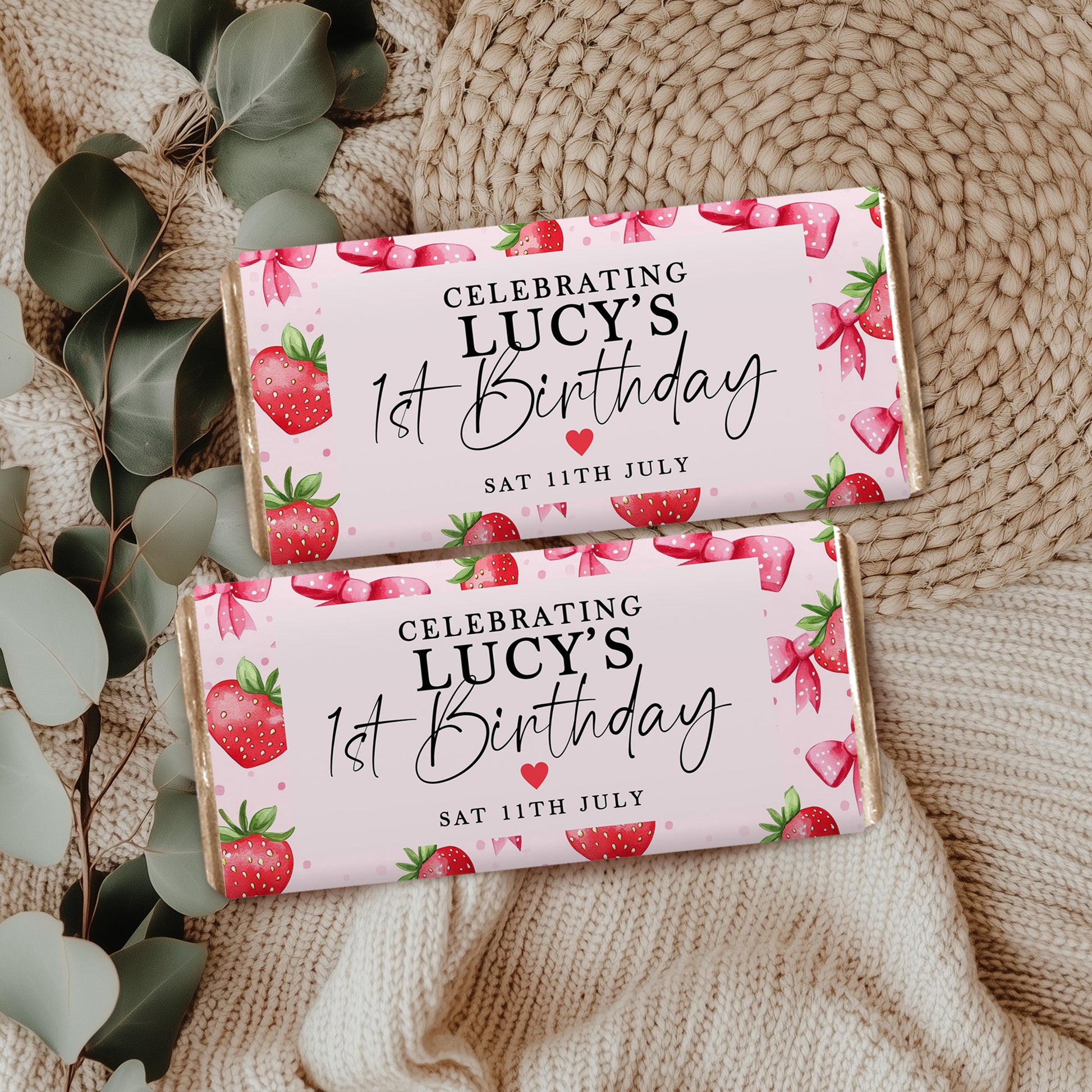 Editable Strawberry Chocolate Wrapper, Berry First Birthday Favor, Corjl Template, Girl Party Printable Candy Bar Label ST17