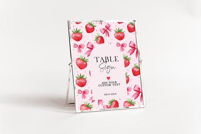 Editable Strawberry Table Sign, Pink Berry Table Number Sign, Corjl Template, 5x7 and 8x10 Sizes, Girl Birthday Printable ST17