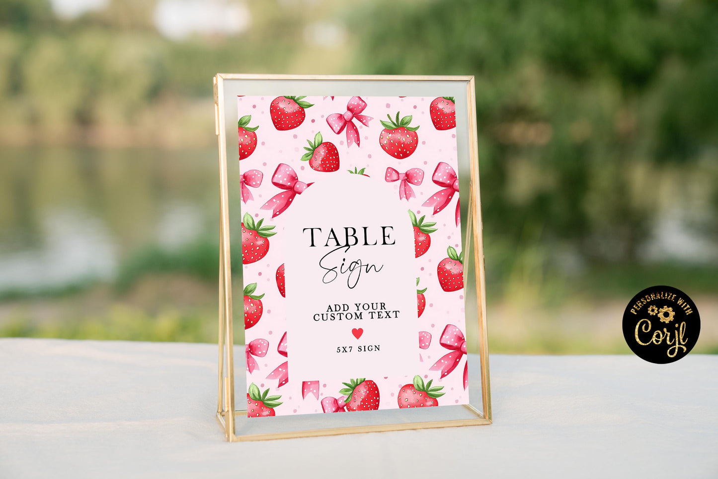 Editable Strawberry Table Sign, Pink Berry Table Number Sign, Corjl Template, 5x7 and 8x10 Sizes, Girl Birthday Printable ST17