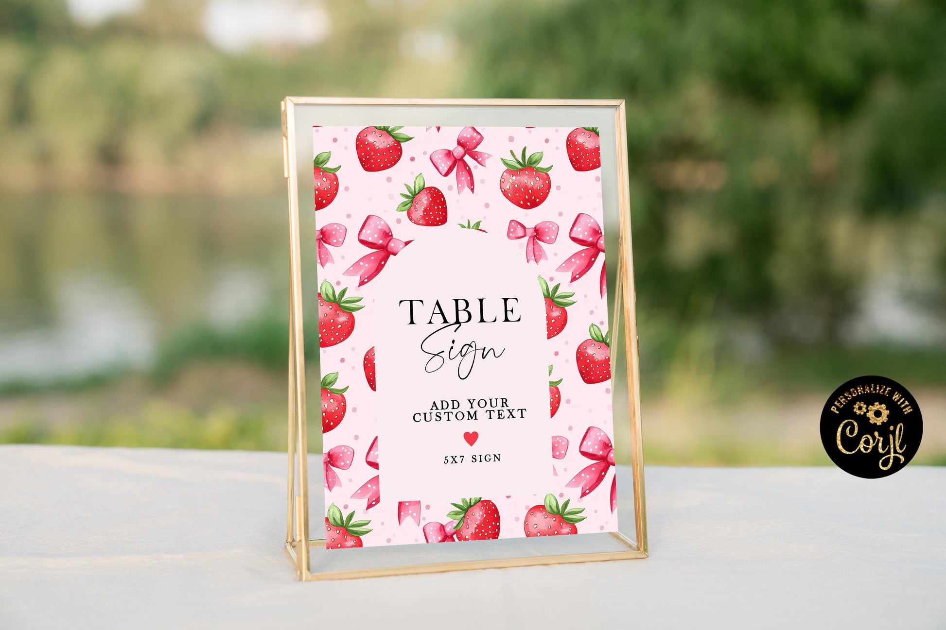 Editable Strawberry Table Sign, Pink Berry Table Number Sign, Corjl Template, 5x7 and 8x10 Sizes, Girl Birthday Printable ST17